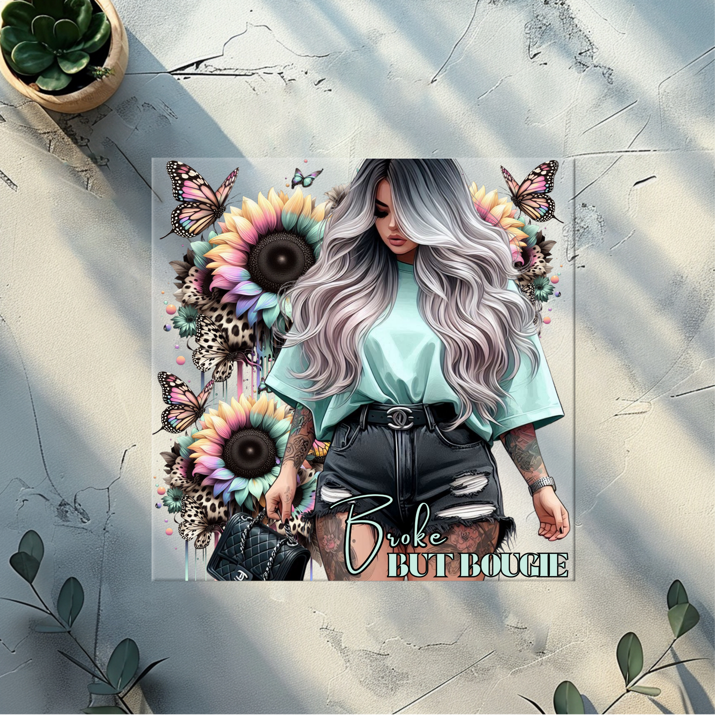 DTF plus pocket print (tattoo girl broke but bougie)