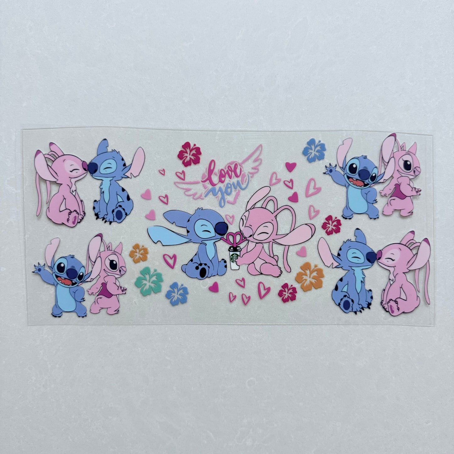 Single Sided UV DTF Wrap 16oz Tumbler Transfer (24cm x 11cm) Blue & Pink Alien Love