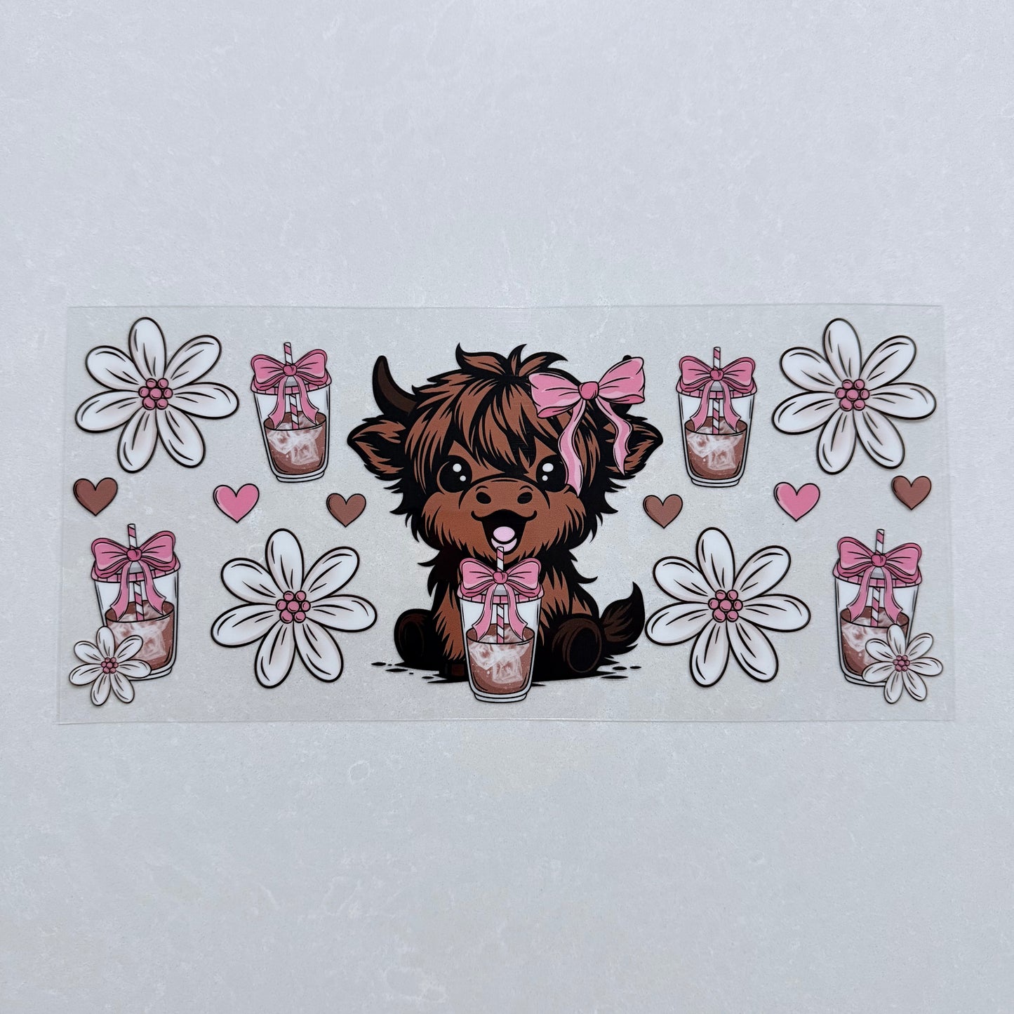 Single Sided UV DTF Wrap 16oz Tumbler Transfer (24cm x 11cm) Pink Baby cow ice coffee