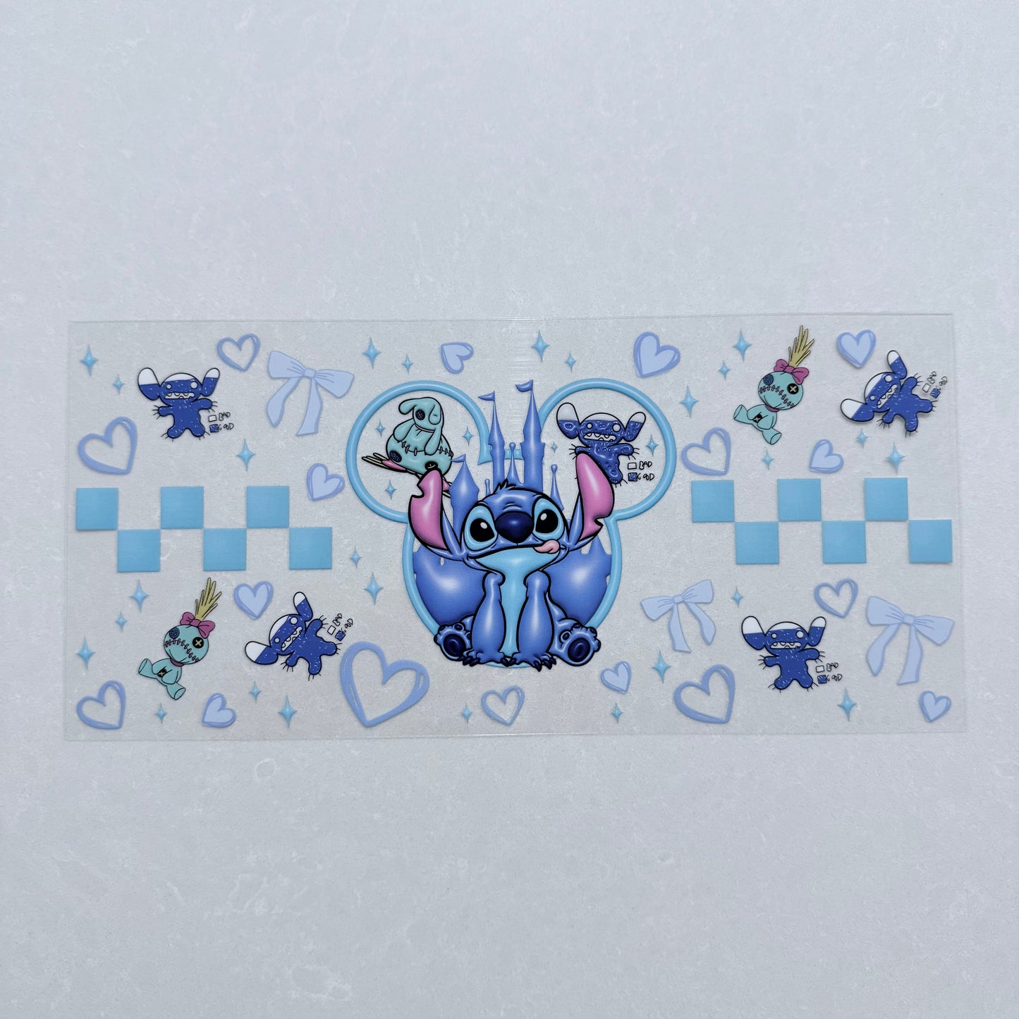 Single Sided UV DTF Wrap 16oz Tumbler Transfer (24cm x 11cm) Blue Alien mouse ears and hearts