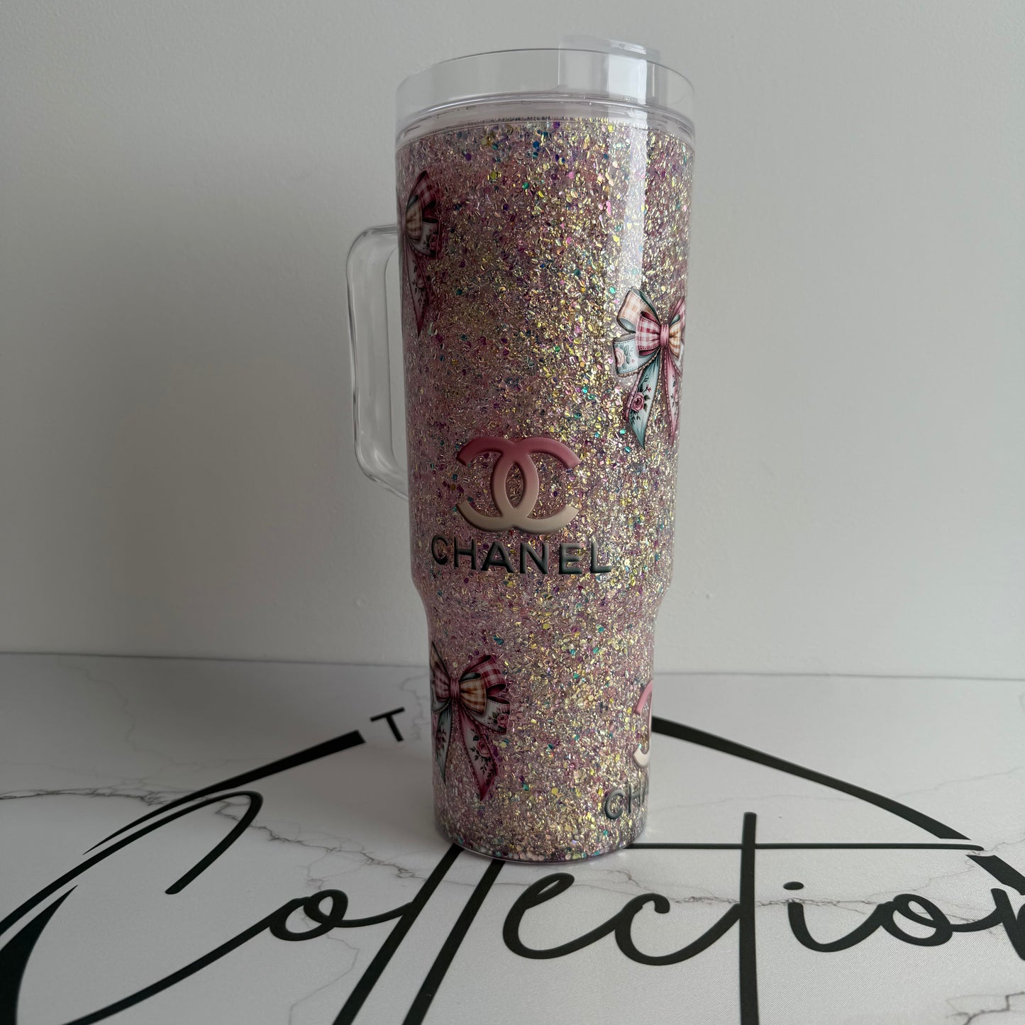 40oz Acrylic Snowglobe Tumbler with Straw & Handle – Double-Wall Glitter Cup, Travel Tumbler Designer CC