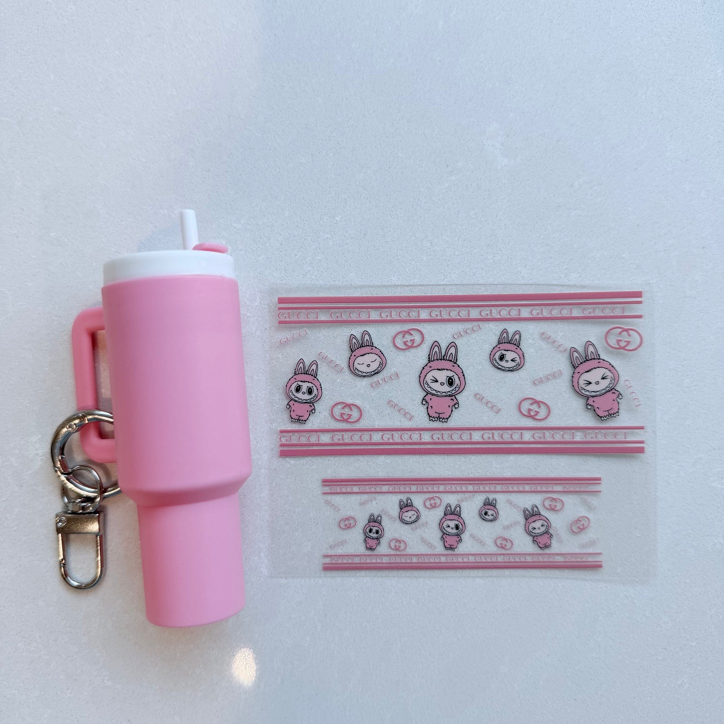 Premium UVDTF Wrap for Mini Tumbler Keychains | Durable, No-Weed Peel & Stick (designer gg pink labubu)