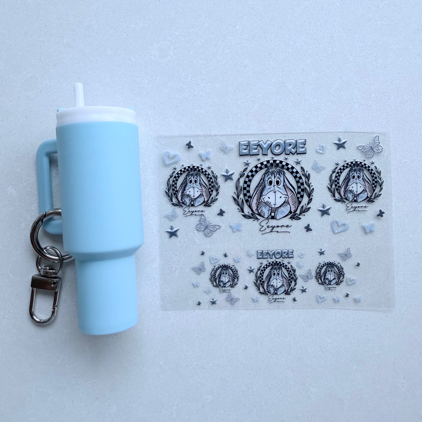 Premium UVDTF Wrap for Mini Tumbler Keychains | Durable, No-Weed Peel & Stick (grey donkey butterflies)