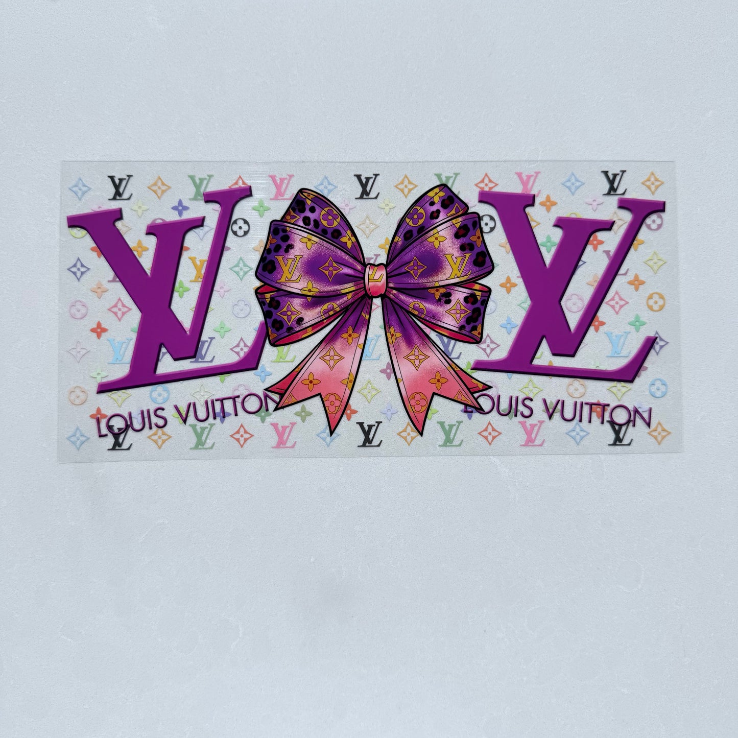 Single Sided UV DTF Wrap 16oz Tumbler Transfer (24cm x 11cm) Designer LV bow large LV purple