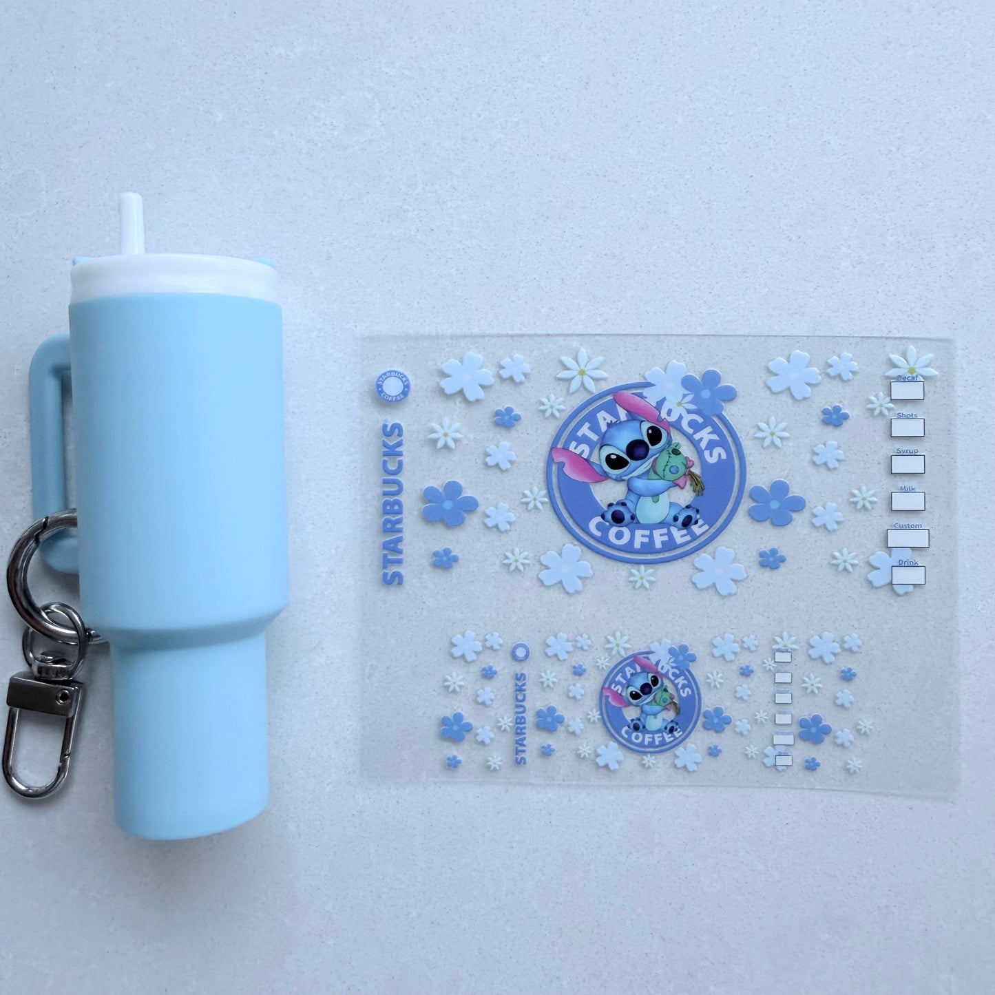 Premium UVDTF Wrap for Mini Tumbler Keychains | Durable, No-Weed Peel & Stick (blue alien flowers starbies coffee)