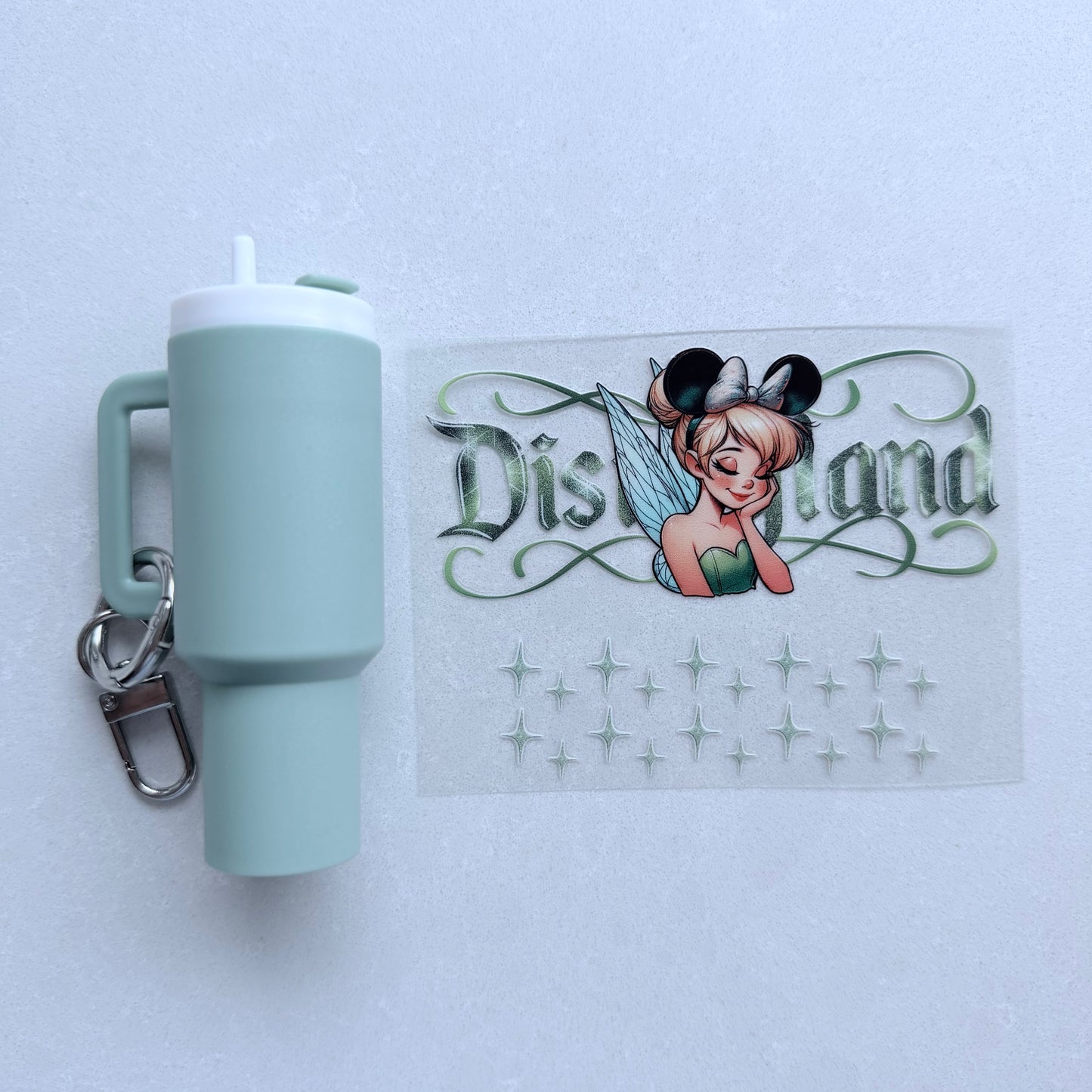 Premium UVDTF Wrap for Mini Tumbler Keychains | Durable, No-Weed Peel & Stick (green fairy mouse ears)