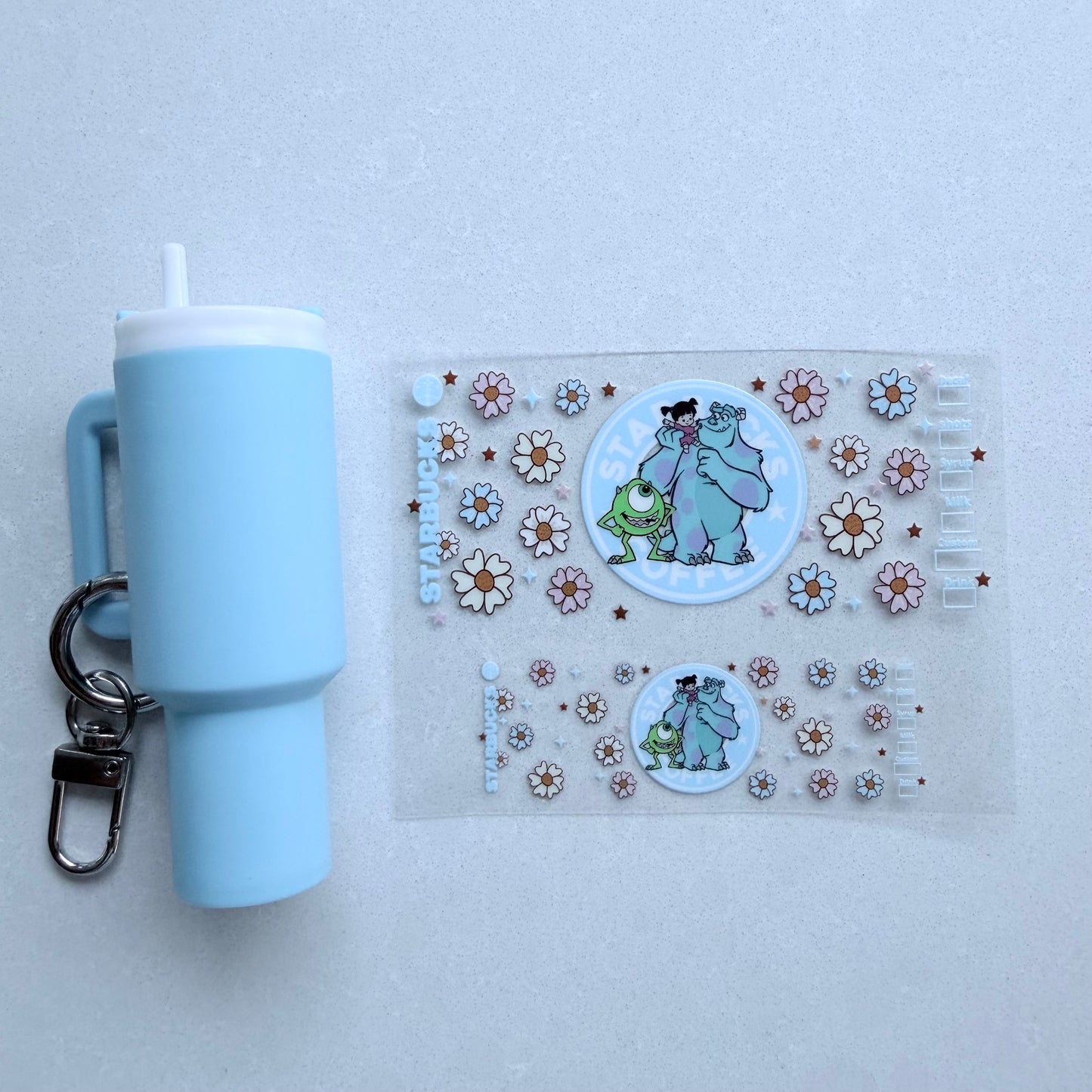 Premium UVDTF Wrap for Mini Tumbler Keychains | Durable, No-Weed Peel & Stick (monsters starbies coffee)