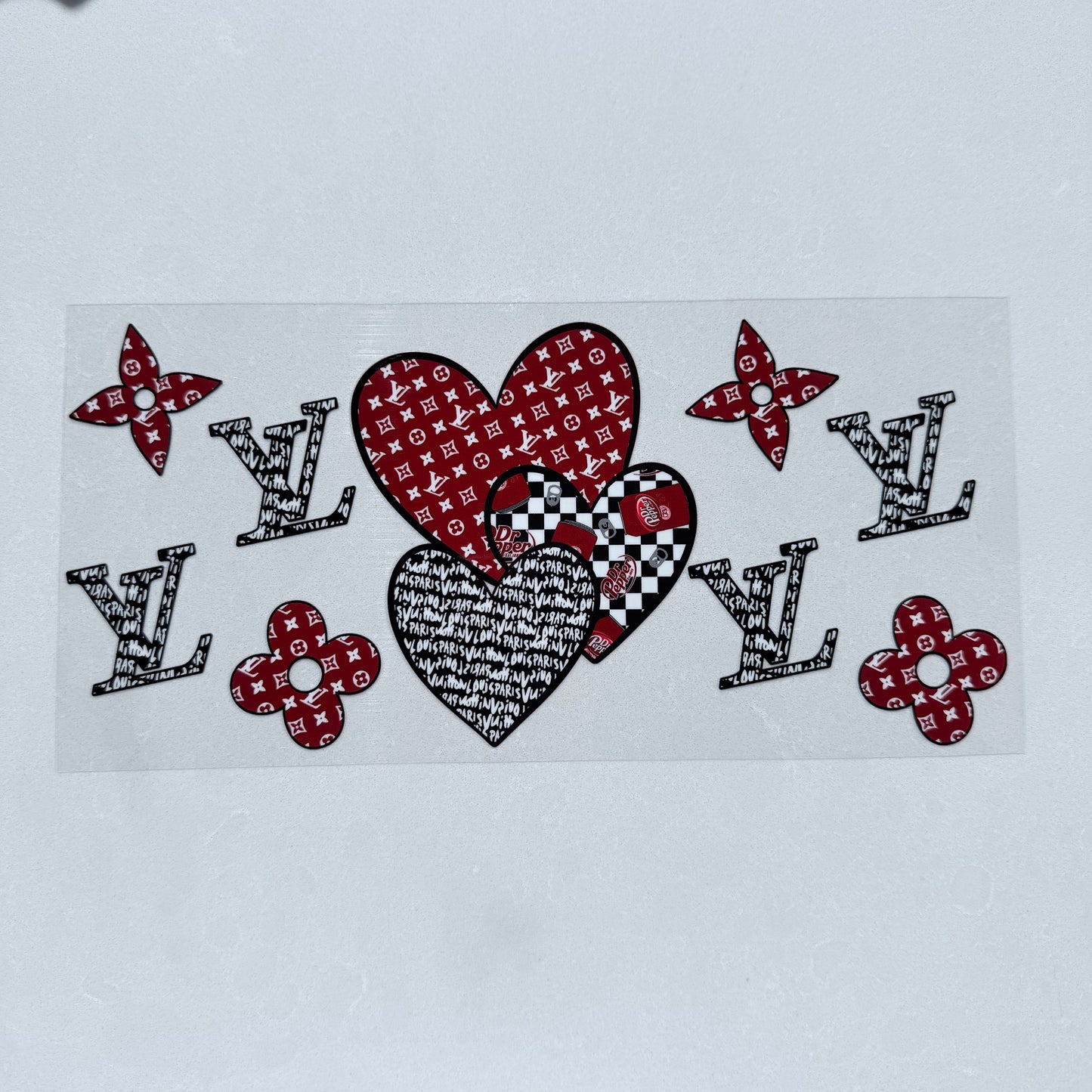 Single Sided UV DTF Wrap 16oz Tumbler Transfer (24cm x 11cm) Designer LV Dr P hearts