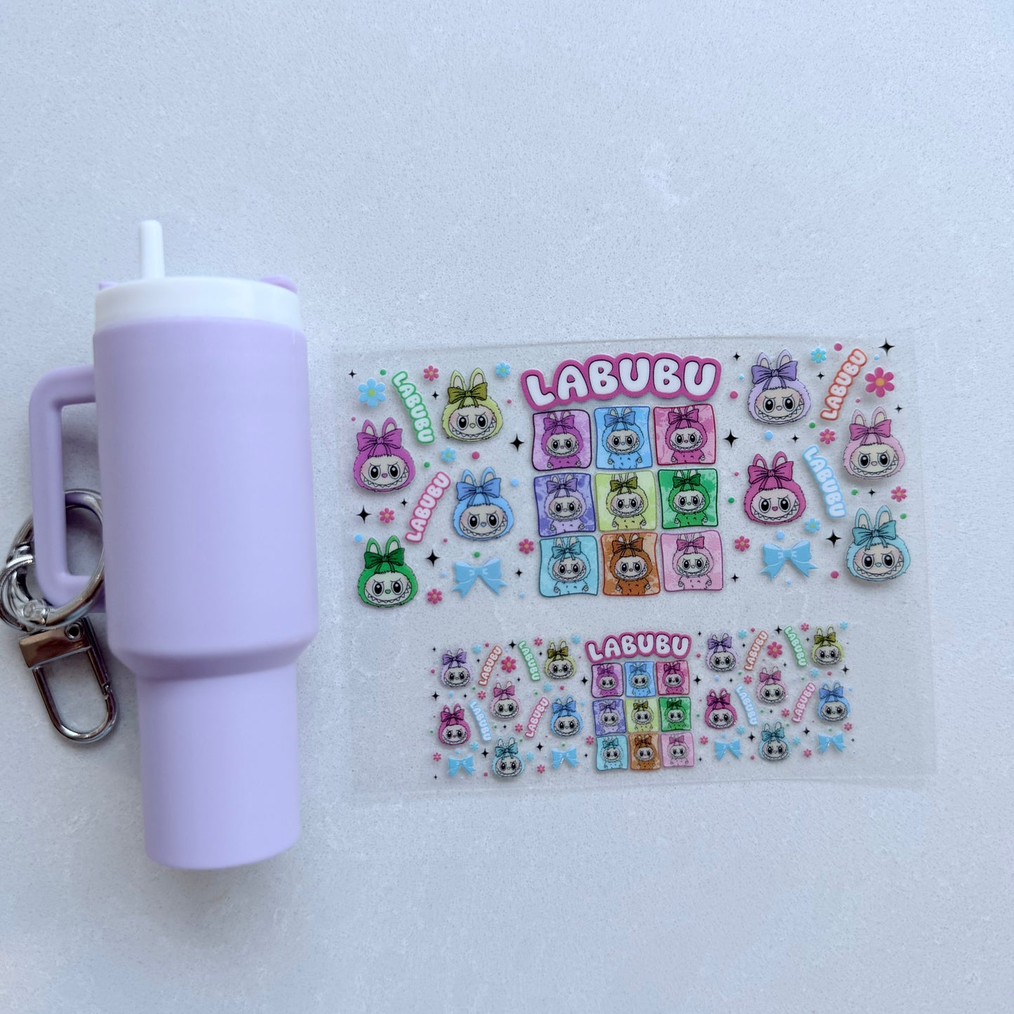 Premium UVDTF Wrap for Mini Tumbler Keychains | Durable, No-Weed Peel & Stick (rainbow labubu heads)