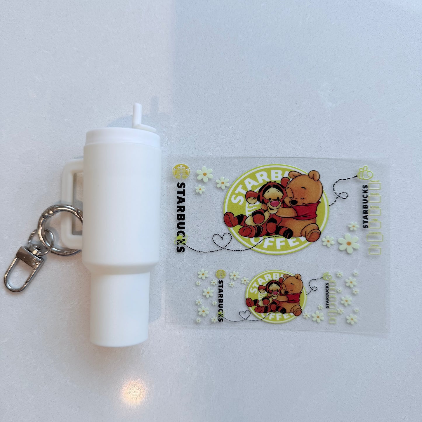 Premium UVDTF Wrap for Mini Tumbler Keychains | Durable, No-Weed Peel & Stick (honey bear daisy starbies)