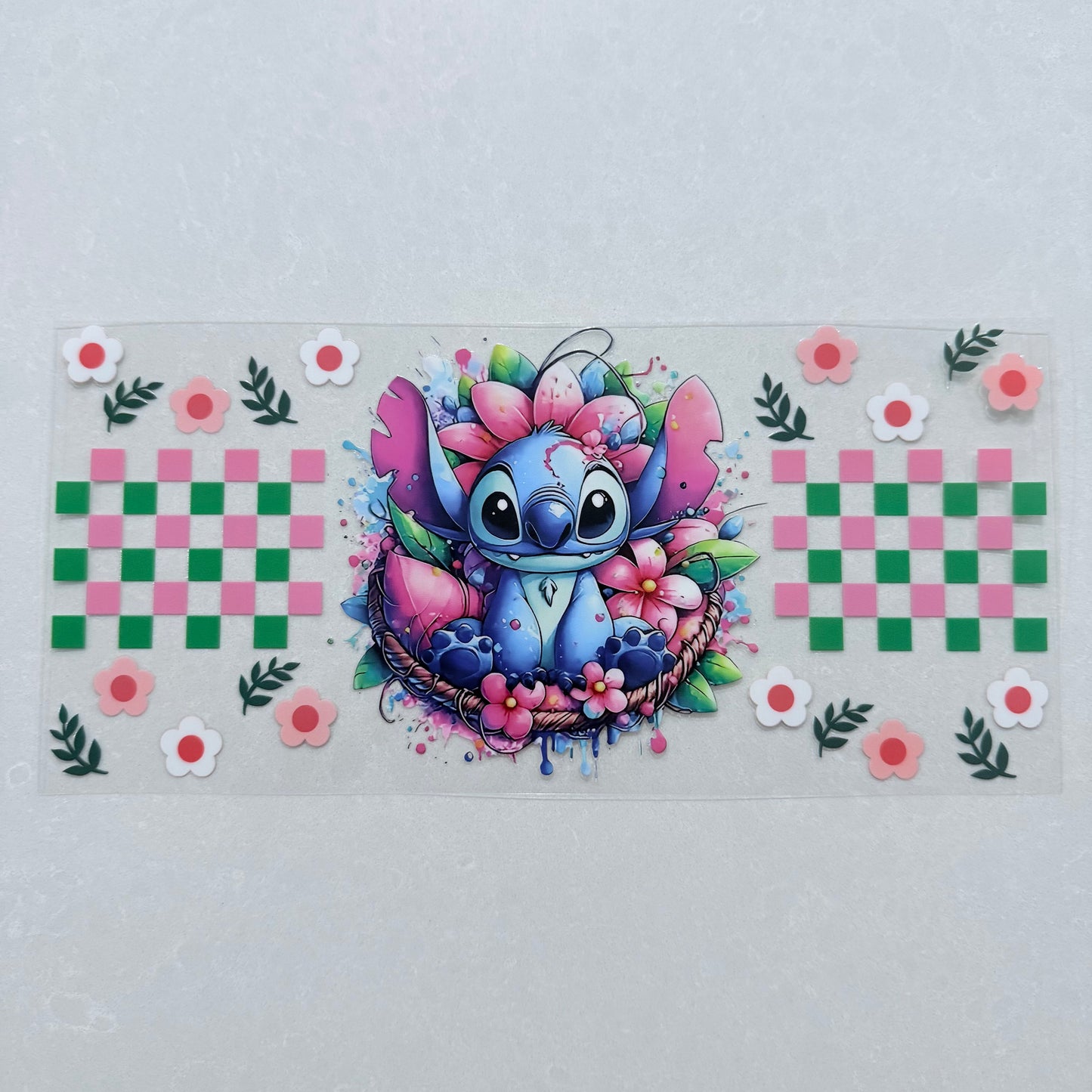 Single Sided UV DTF Wrap 16oz Tumbler Transfer (24cm x 11cm) blue alien pink & green checker