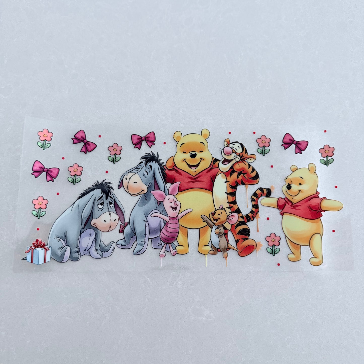 Single Sided UV DTF Wrap 16oz Tumbler Transfer (24cm x 11cm) honey bear & friends pink bows & flowers