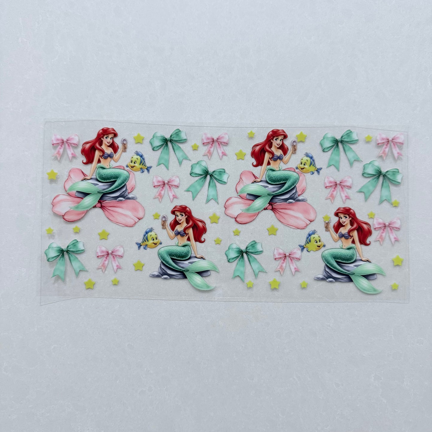 Single Sided UV DTF Wrap 16oz Tumbler Transfer (24cm x 11cm) mermaid green& pink bows