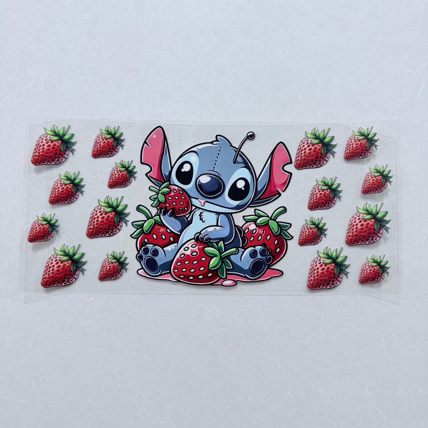 Single Sided UV DTF Wrap 16oz Tumbler Transfer (24cm x 11cm) blue alien strawberry