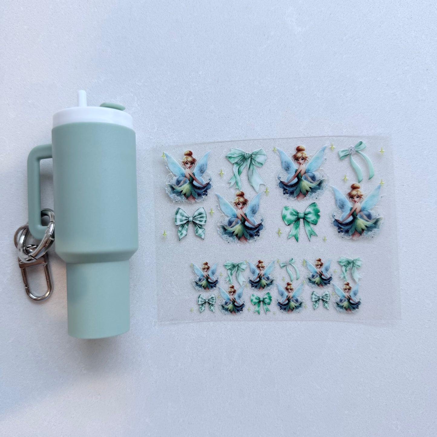 Premium UVDTF Wrap for Mini Tumbler Keychains | Durable, No-Weed Peel & Stick (green fairy bows)
