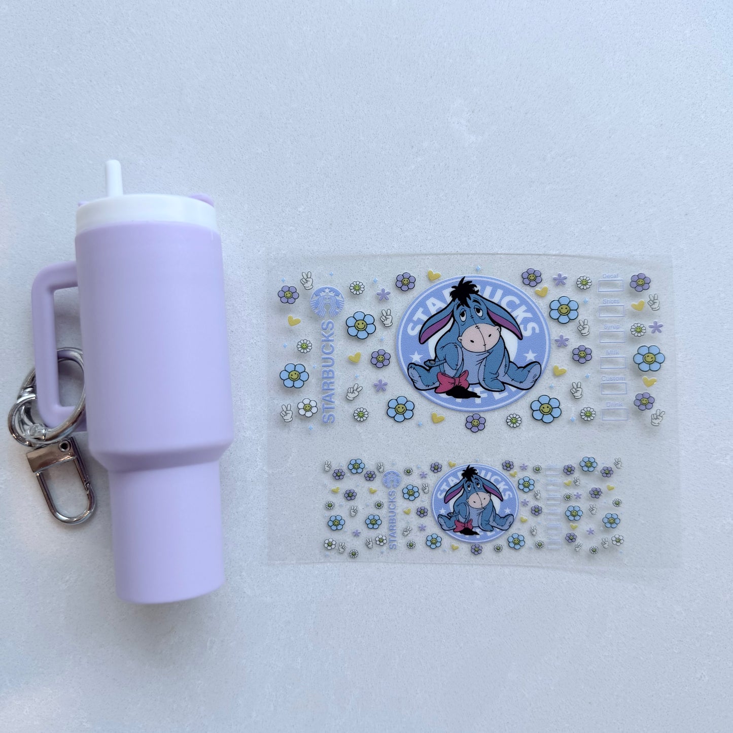 Premium UVDTF Wrap for Mini Tumbler Keychains | Durable, No-Weed Peel & Stick (grey donkey starbies)