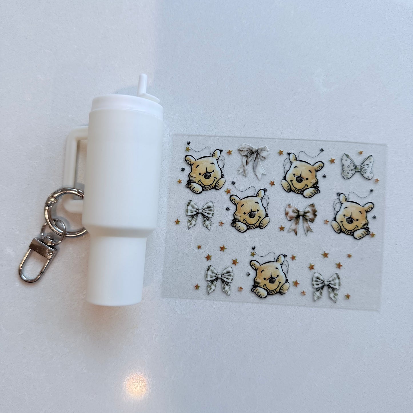 Premium UVDTF Wrap for Mini Tumbler Keychains | Durable, No-Weed Peel & Stick (honey bear face bows)