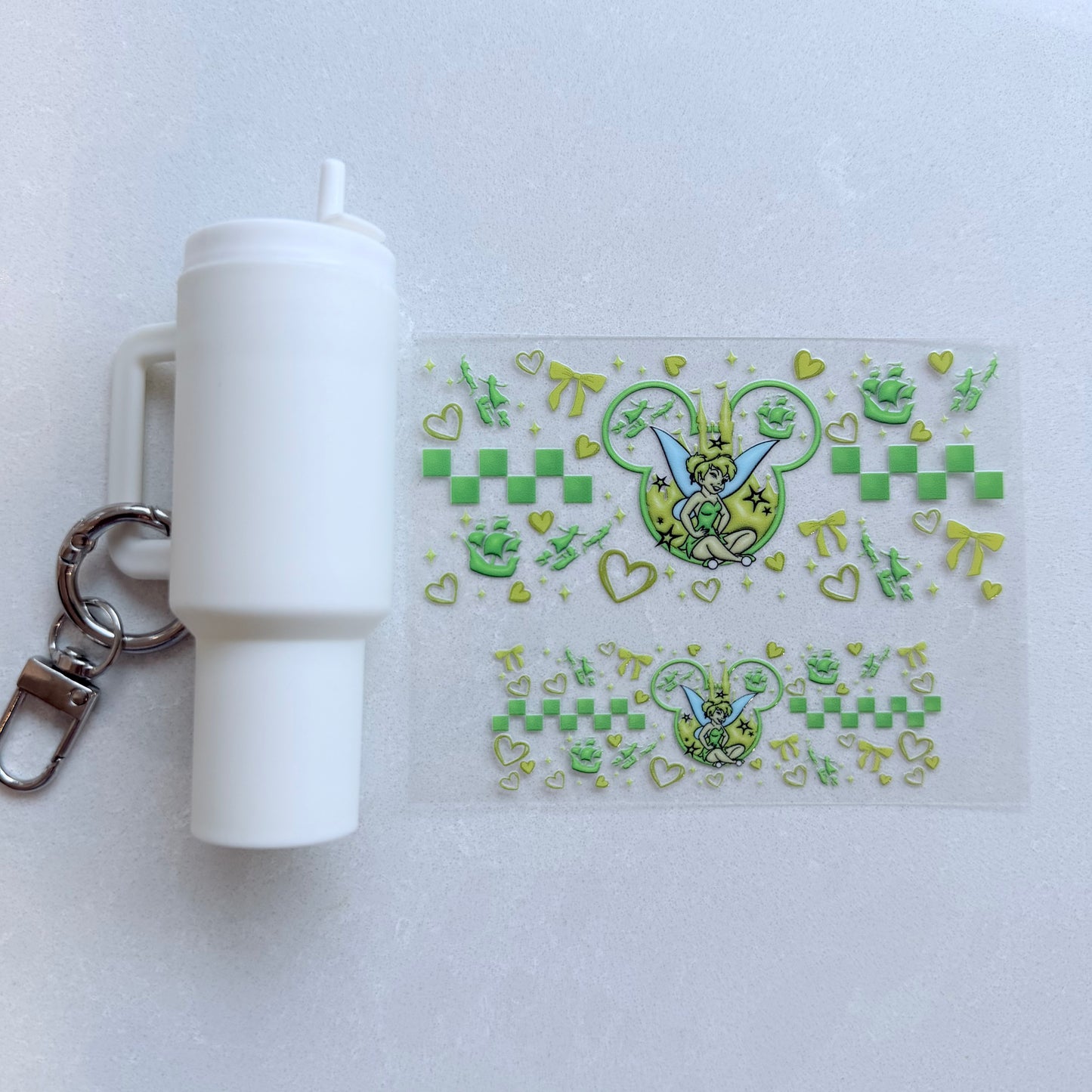 Premium UVDTF Wrap for Mini Tumbler Keychains | Durable, No-Weed Peel & Stick (green fairy mouse ears)