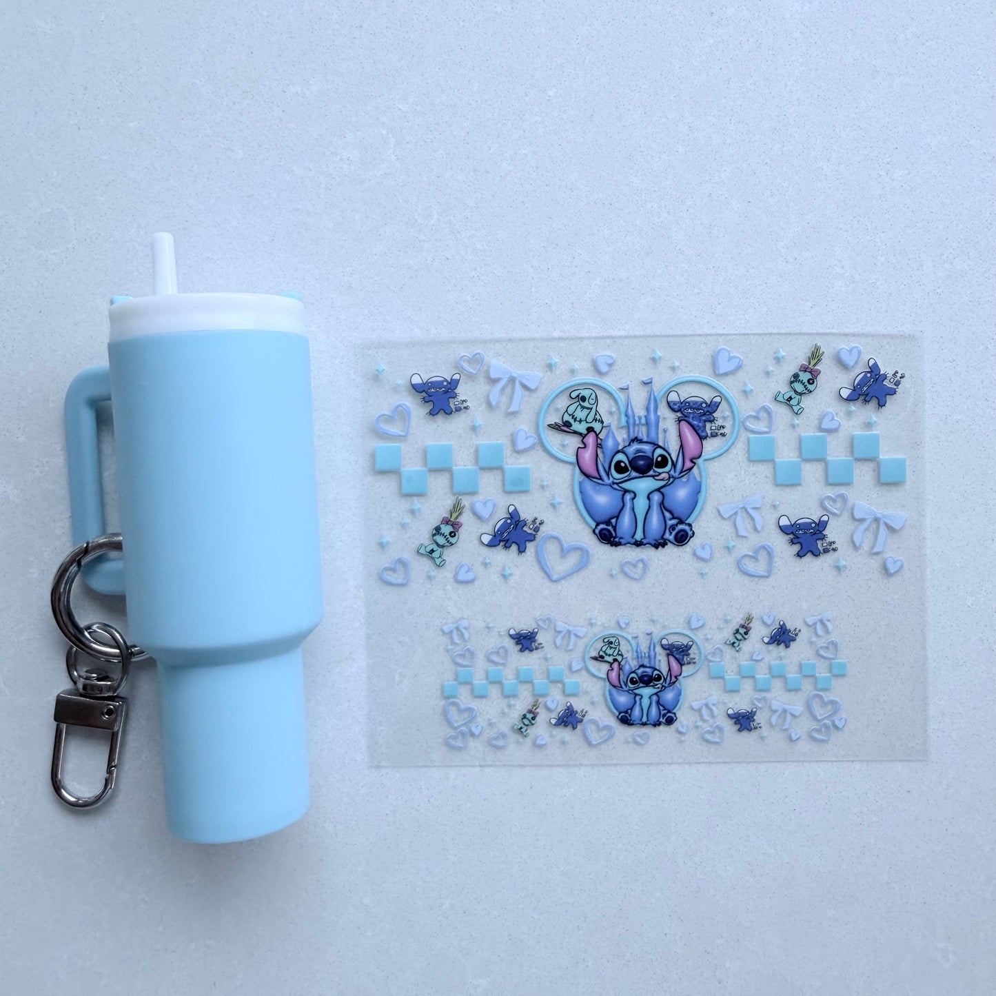 Premium UVDTF Wrap for Mini Tumbler Keychains | Durable, No-Weed Peel & Stick (blue alien mouse ears)