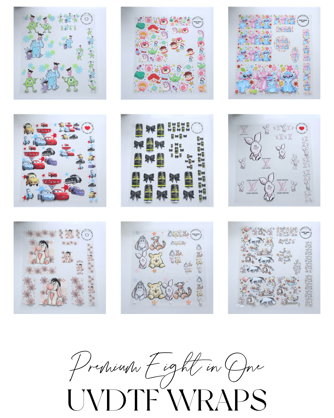 Premium 8-in-1 UVDTF Wraps | Multi Design Transfer Pack | Ready to Apply