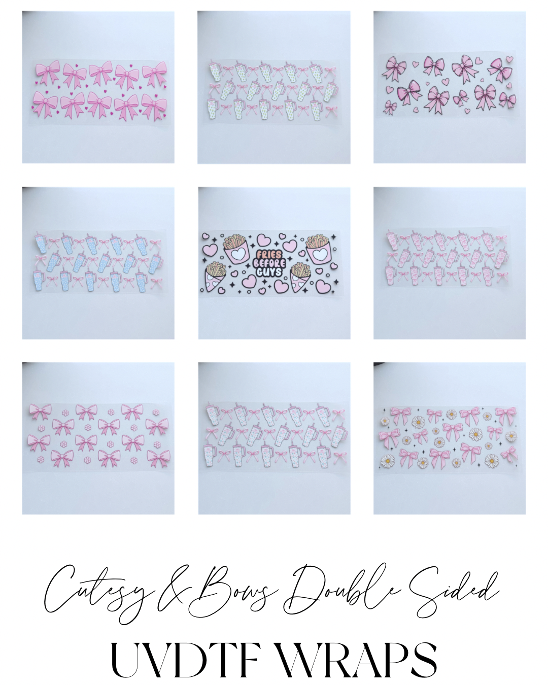 Premium Double Sided UVDTF Wrap | 16oz Tumbler Transfer | 24cm x 11cm | Cutesy & Bows