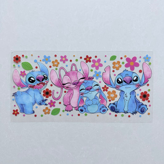 Single Sided UV DTF Wrap 16oz Tumbler Transfer (24cm x 11cm) Blue & Pink Alien flowers