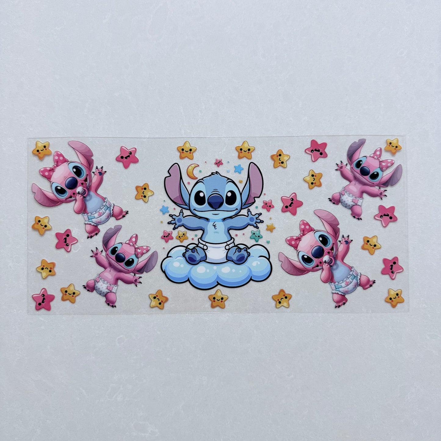 Single Sided UV DTF Wrap 16oz Tumbler Transfer (24cm x 11cm) Blue & Pink Alien baby with stars