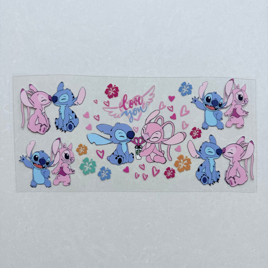 Single Sided UV DTF Wrap 16oz Tumbler Transfer (24cm x 11cm) Blue & Pink Alien Love