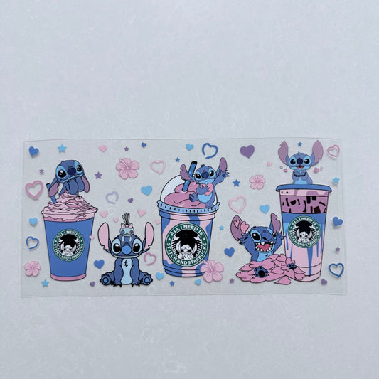 Single Sided UV DTF Wrap 16oz Tumbler Transfer (24cm x 11cm) Blue Alien iced Coffee