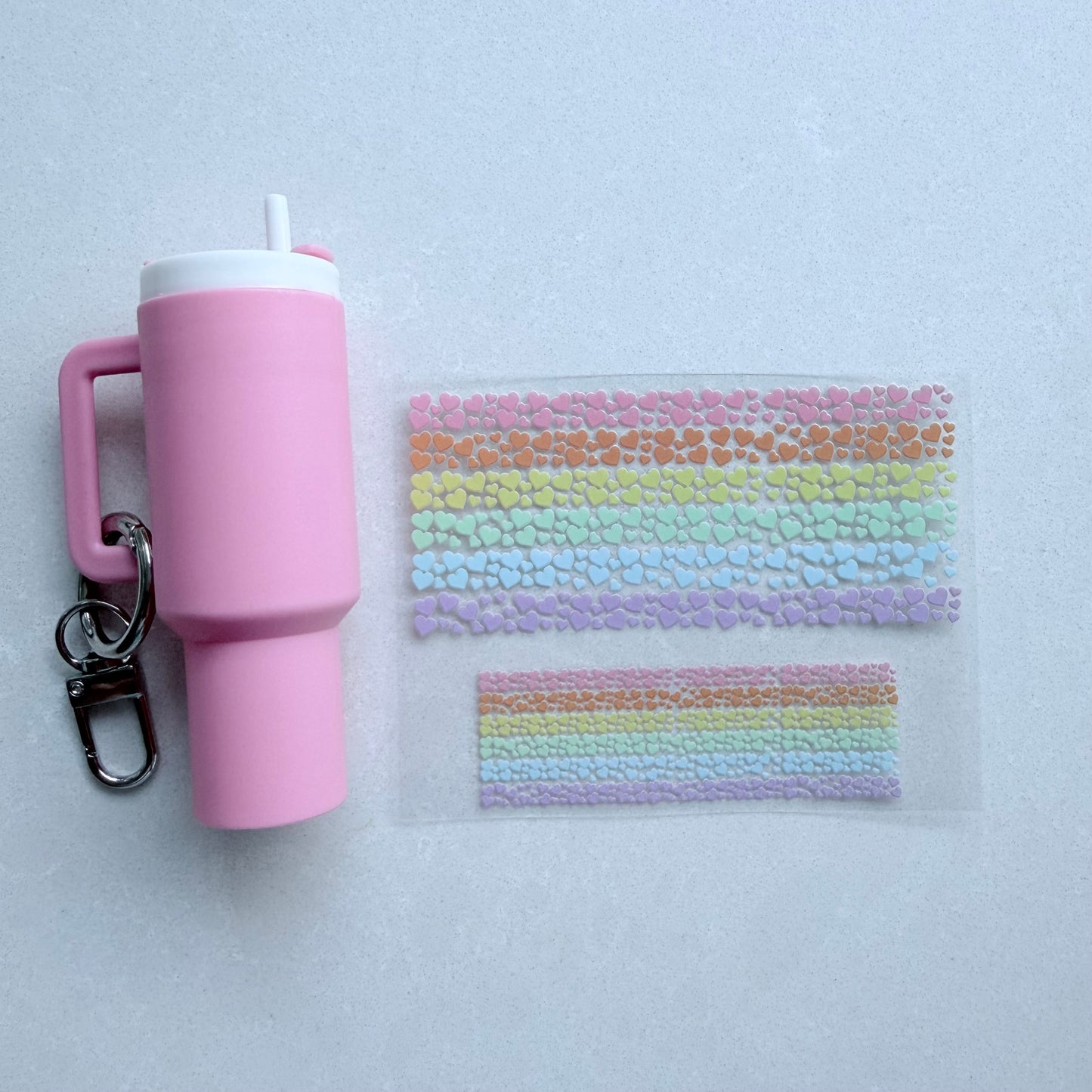 Premium UVDTF Wrap for Mini Tumbler Keychains | Durable, No-Weed Peel & Stick (Rainbow lovehearts)