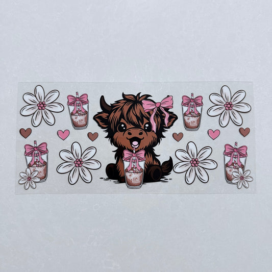Single Sided UV DTF Wrap 16oz Tumbler Transfer (24cm x 11cm) Pink Baby cow ice coffee