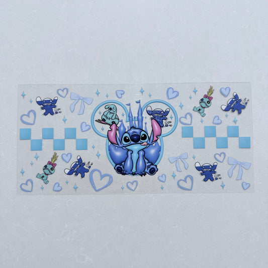 Single Sided UV DTF Wrap 16oz Tumbler Transfer (24cm x 11cm) Blue Alien mouse ears and hearts