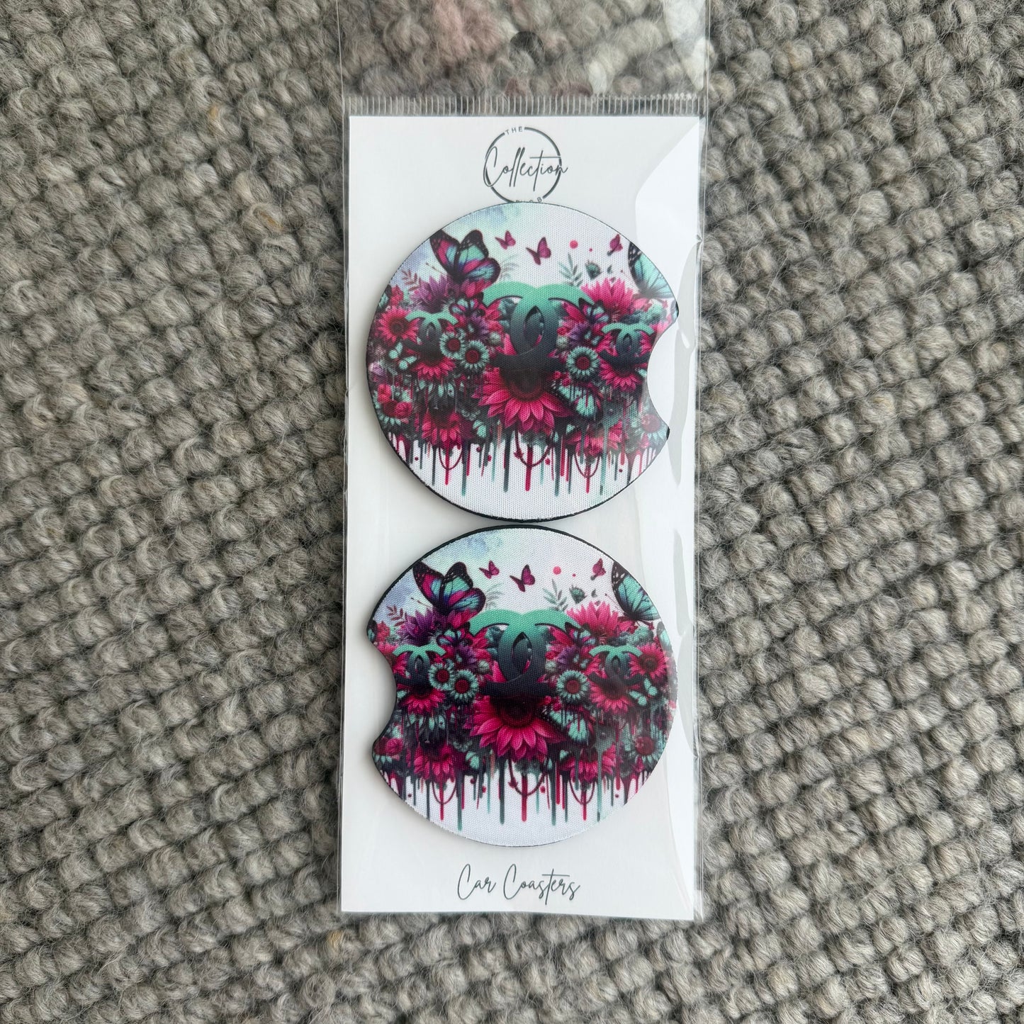 Car Coaster Set (designer CC green/pink flowers)