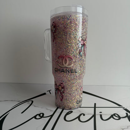 40oz Acrylic Snowglobe Tumbler | Travel Drinkware with Handle & Straw | Designer CC