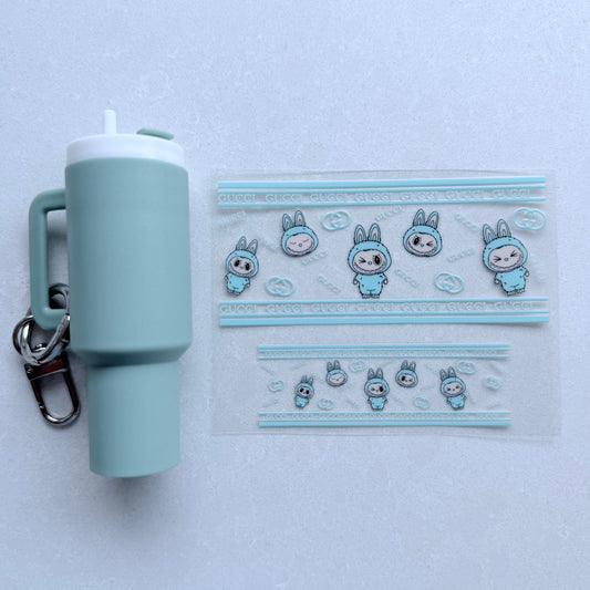Premium UVDTF Wrap for Mini Tumbler Keychains | Durable, No-Weed Peel & Stick (designer gg aqua/blue labubu)