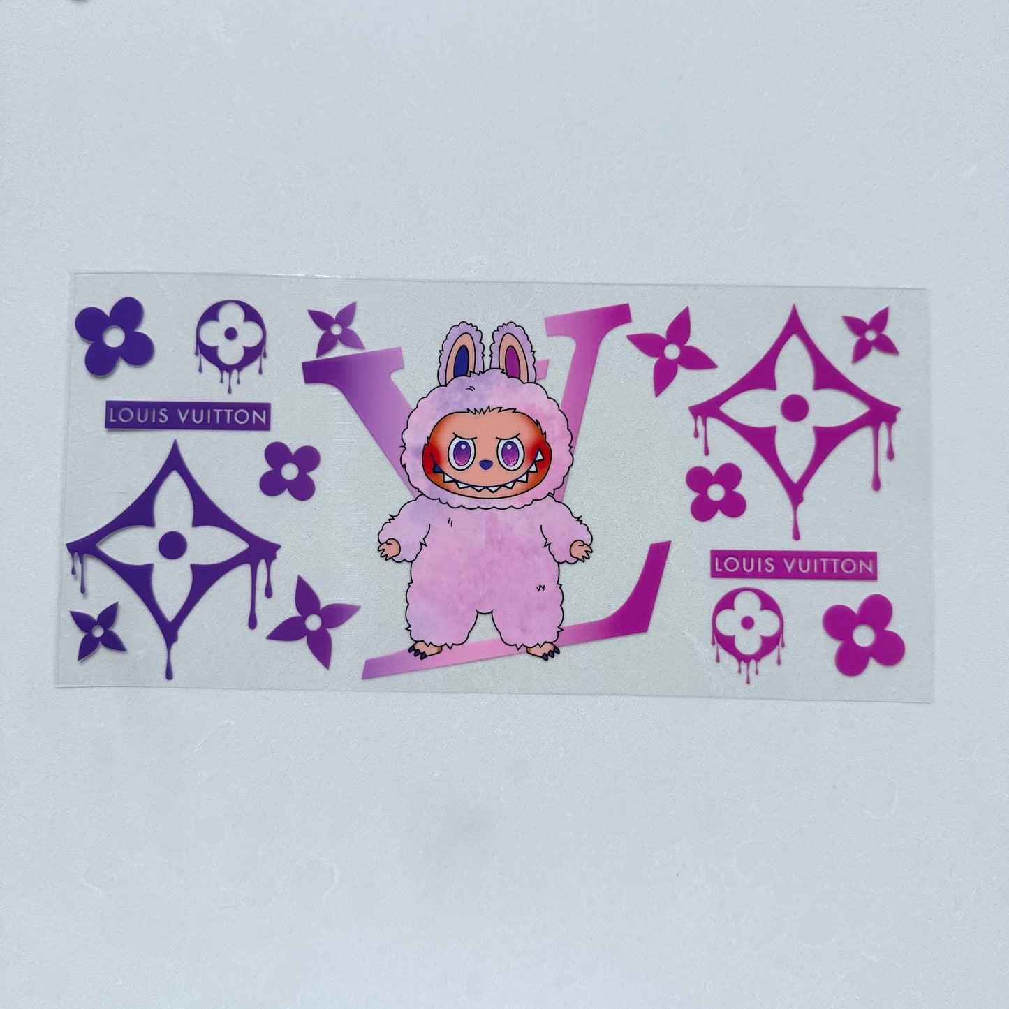 Single Sided UV DTF Wrap 16oz Tumbler Transfer (24cm x 11cm) Designer LV labooboo purple drip