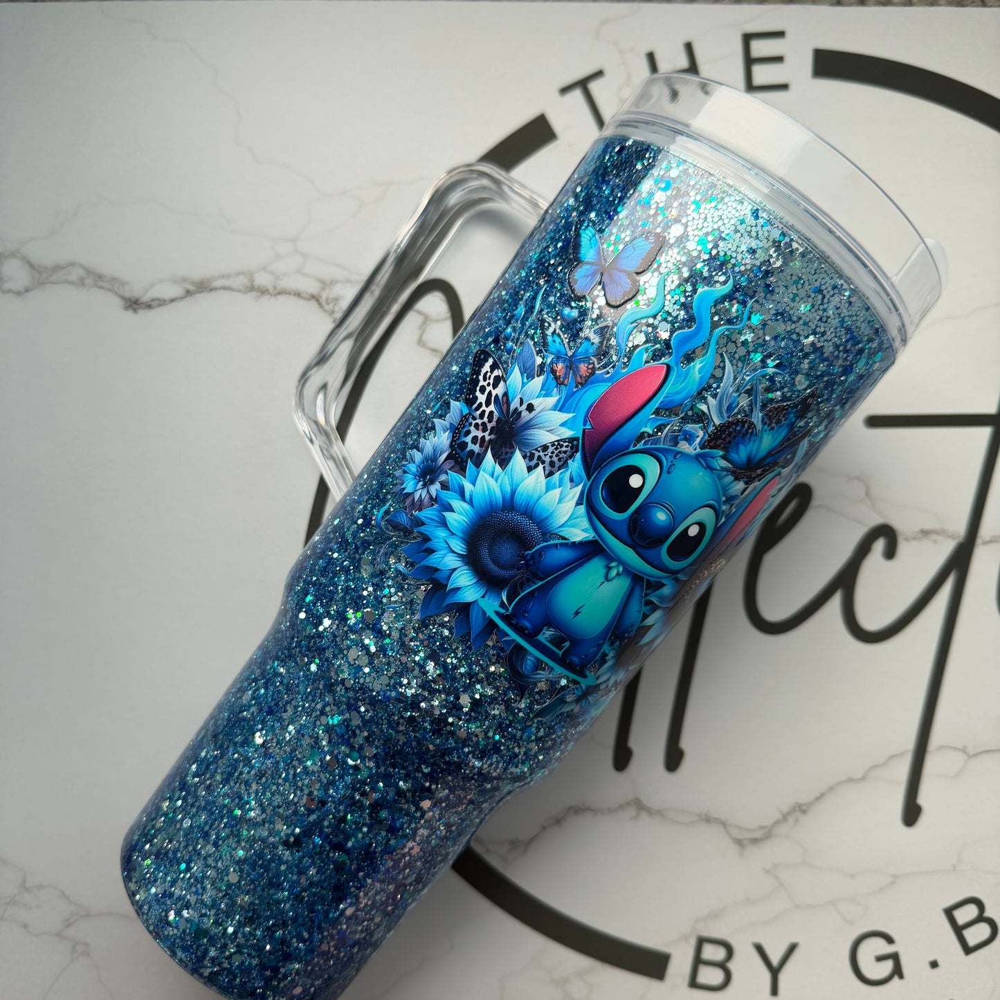 40oz Acrylic Snowglobe Tumbler with Straw & Handle – Double-Wall Glitter Cup, Travel Tumbler Blue Alien