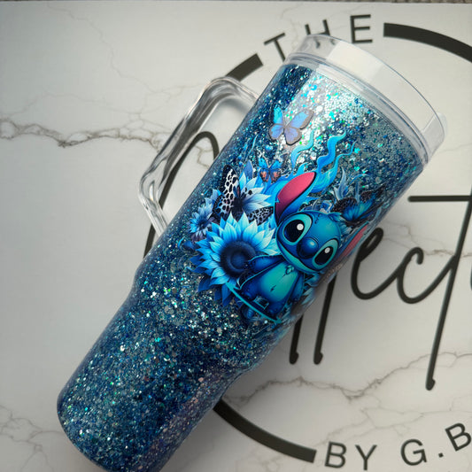 40oz Acrylic Snowglobe Tumbler with Straw & Handle – Double-Wall Glitter Cup, Travel Tumbler Blue Alien