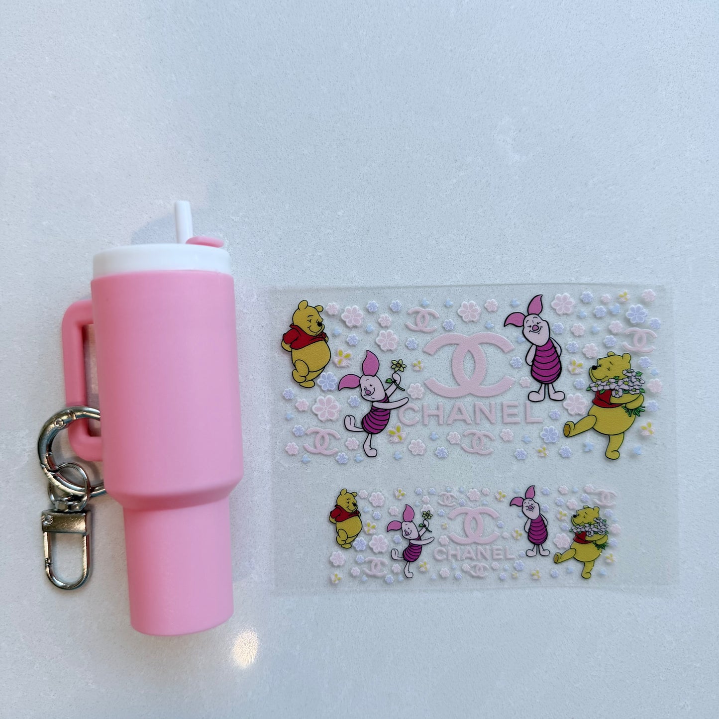 Premium UVDTF Wrap for Mini Tumbler Keychains | Durable, No-Weed Peel & Stick (designer honey bear pink cc)