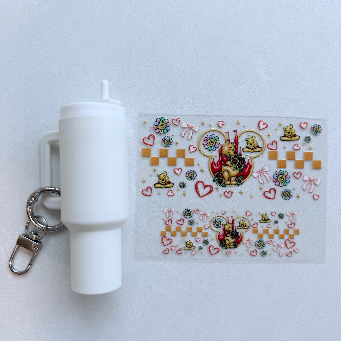 Premium UVDTF Wrap for Mini Tumbler Keychains | Durable, No-Weed Peel & Stick (honey bear mouse ears)