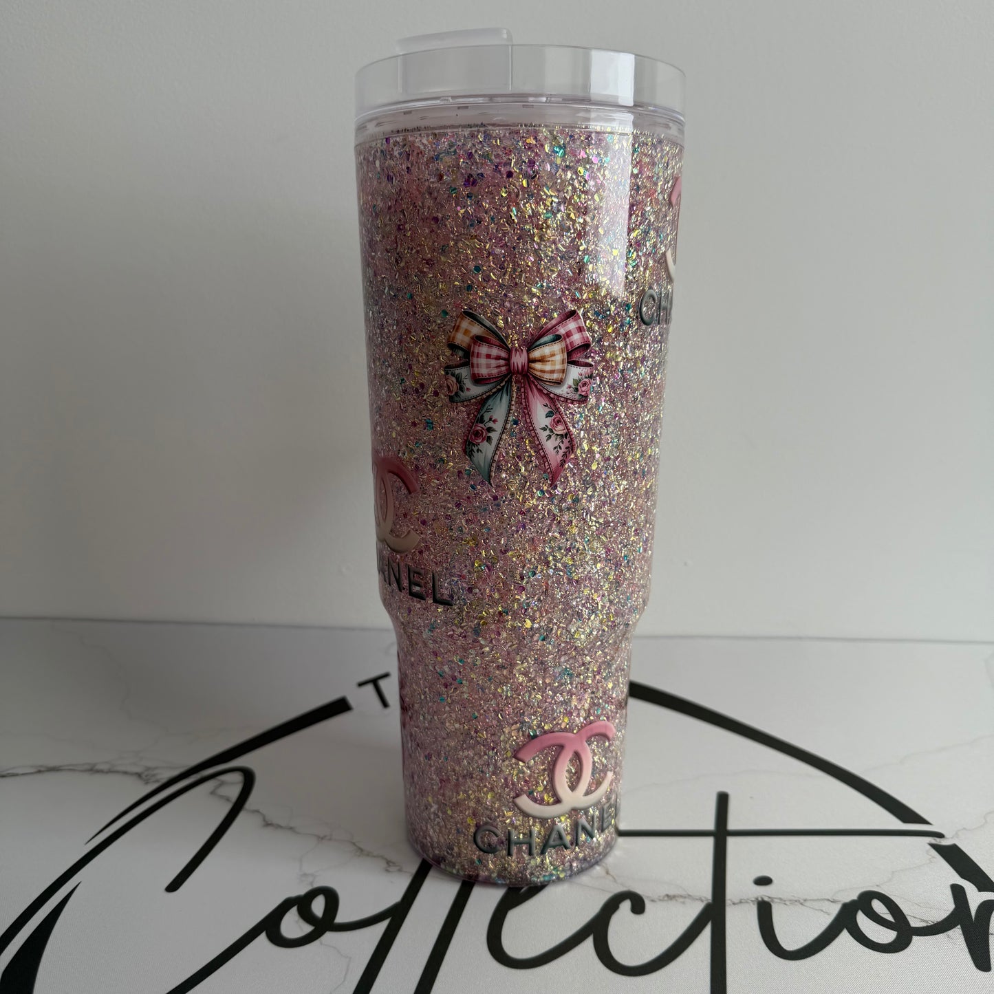 40oz Acrylic Snowglobe Tumbler with Straw & Handle – Double-Wall Glitter Cup, Travel Tumbler Designer CC