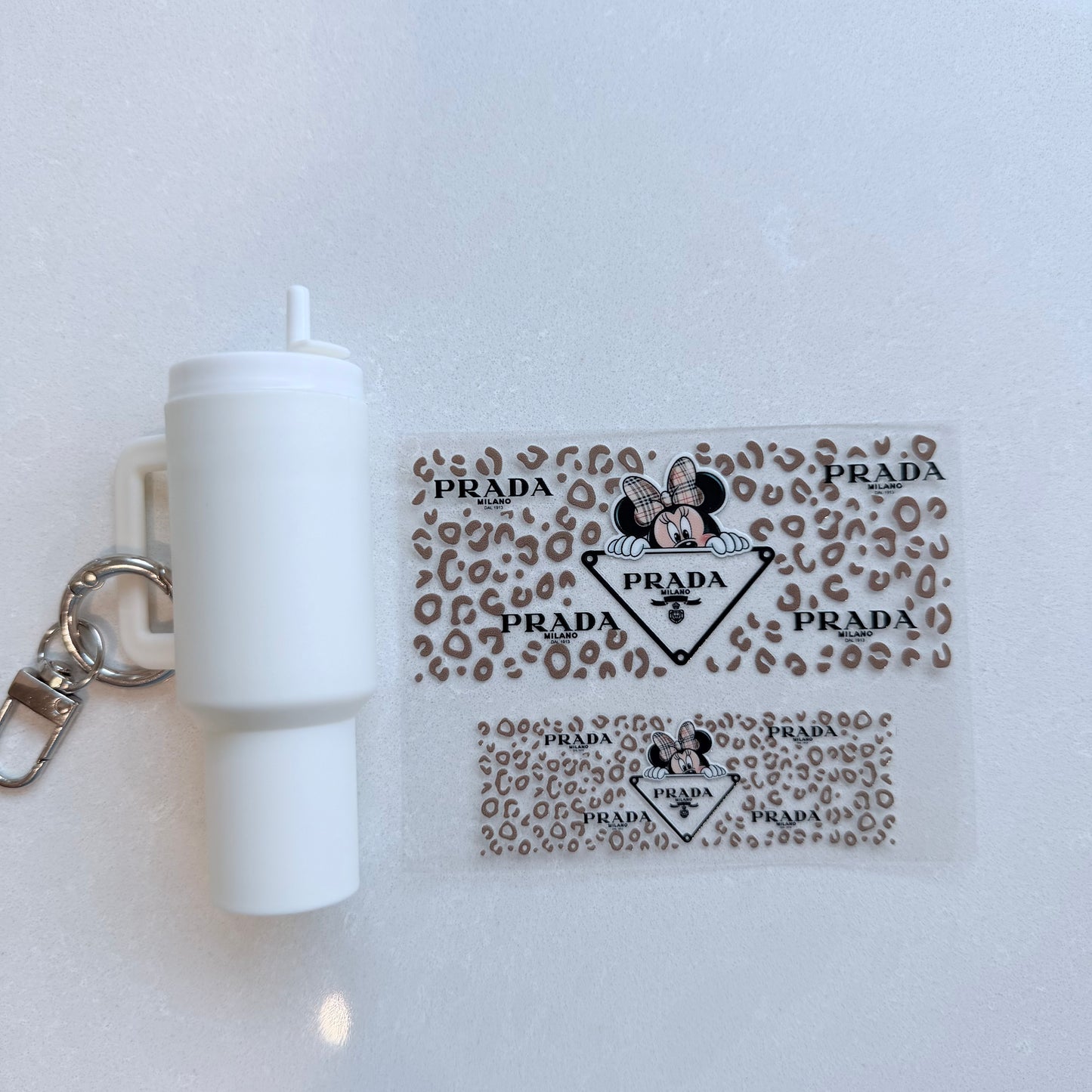 Premium UVDTF Wrap for Mini Tumbler Keychains | Durable, No-Weed Peel & Stick (designer milano mouse leopard)
