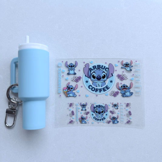 Premium UVDTF Wrap for Mini Tumbler Keychains | Durable, No-Weed Peel & Stick (blue alien starbies coffee)