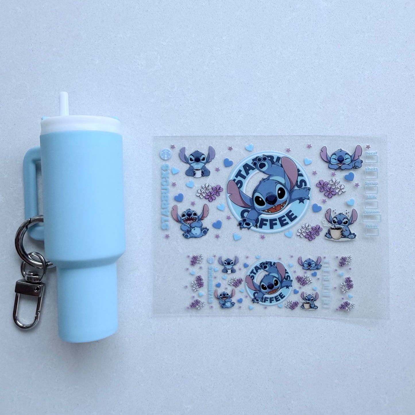 Premium UVDTF Wrap for Mini Tumbler Keychains | Durable, No-Weed Peel & Stick (blue alien love heart starbies coffee)