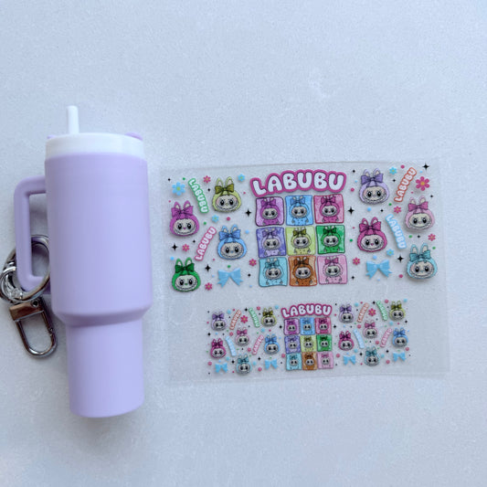 Premium UVDTF Wrap for Mini Tumbler Keychains | Durable, No-Weed Peel & Stick (rainbow labubu heads)