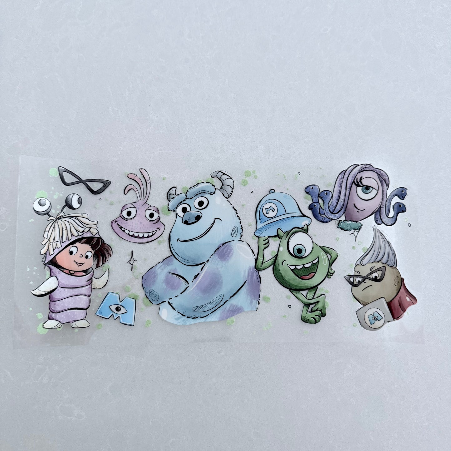 Single Sided UV DTF Wrap 16oz Tumbler Transfer (24cm x 11cm) monsters family green splash