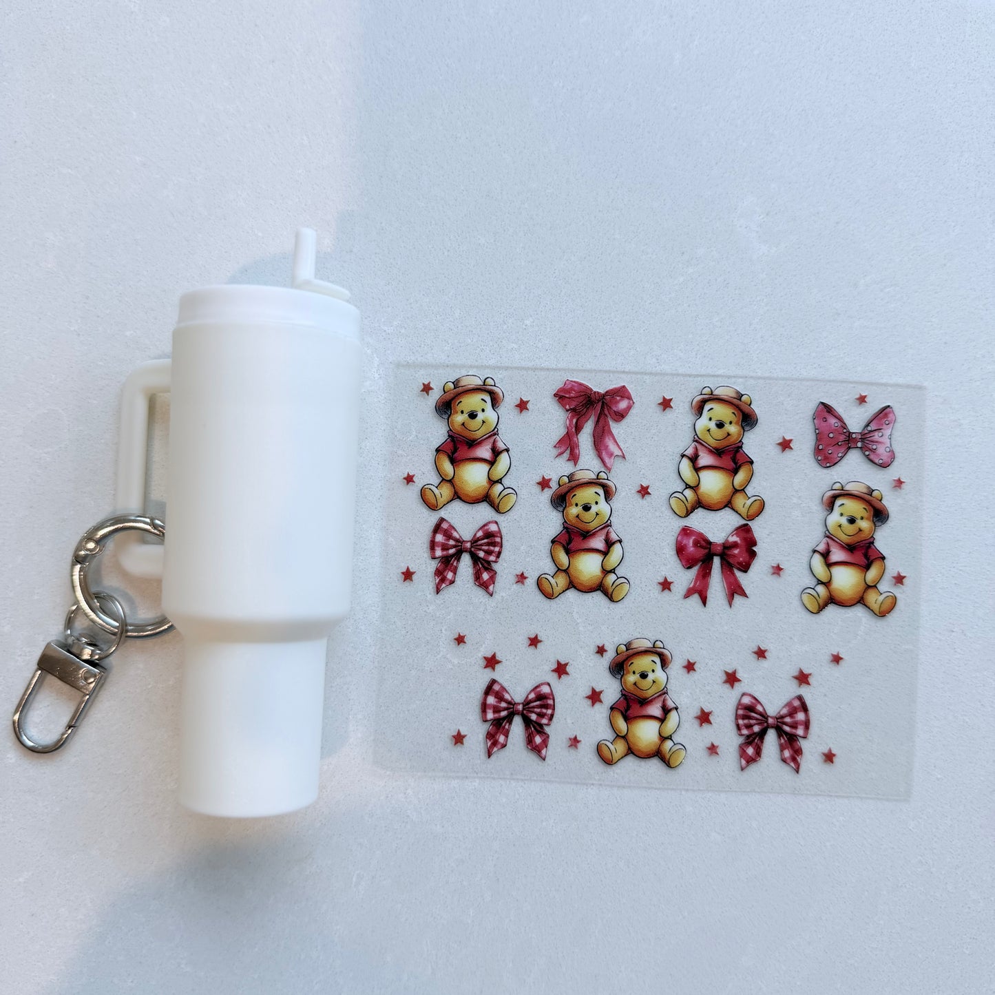 Premium UVDTF Wrap for Mini Tumbler Keychains | Durable, No-Weed Peel & Stick (honey bear bows)