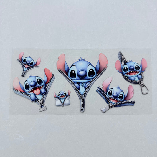 Single Sided UV DTF Wrap 16oz Tumbler Transfer (24cm x 11cm) blue alien zipper