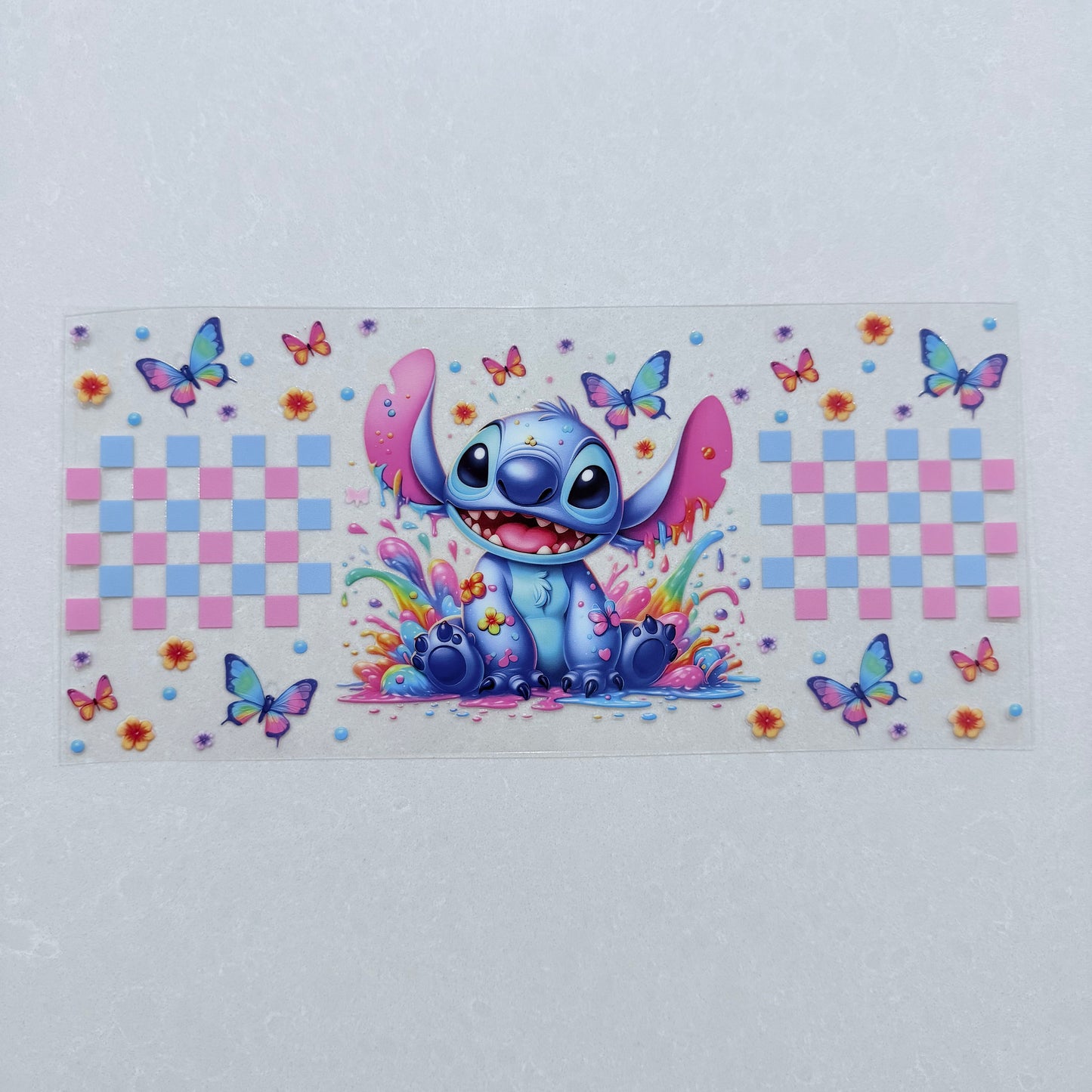 Single Sided UV DTF Wrap 16oz Tumbler Transfer (24cm x 11cm) blue alien pink & blue checker