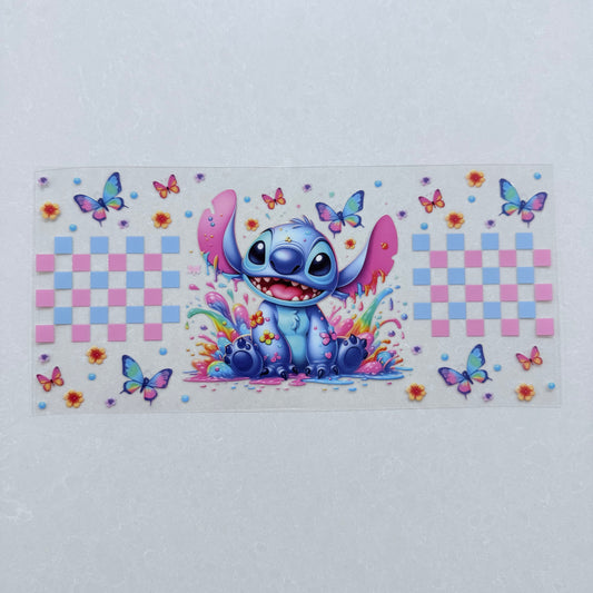 Single Sided UV DTF Wrap 16oz Tumbler Transfer (24cm x 11cm) blue alien pink & blue checker